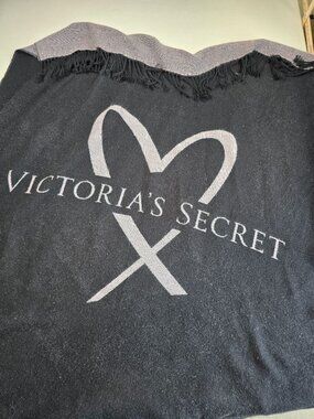 Victorias Secret Black Heart Logo Throw Blanket With Fringe